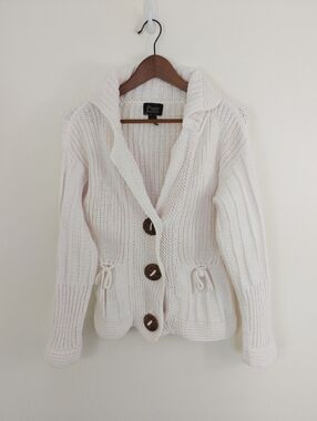 Pure Handknit Cotton Chunky Knit Cardigan Sweater Wood Button Tie Waist M/L